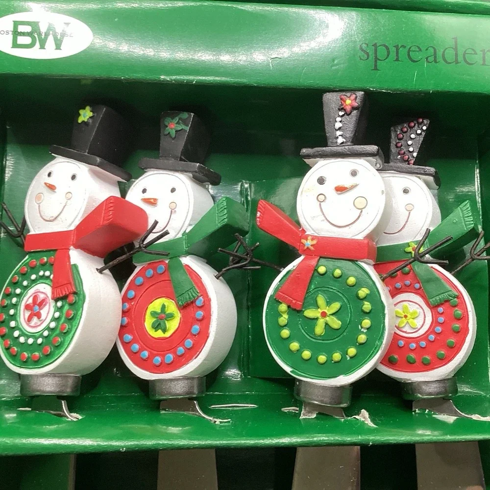 Vintage Christmas Snowman‎ Cheese Knife Spreaders Stainless Steel Set of 4 NIB